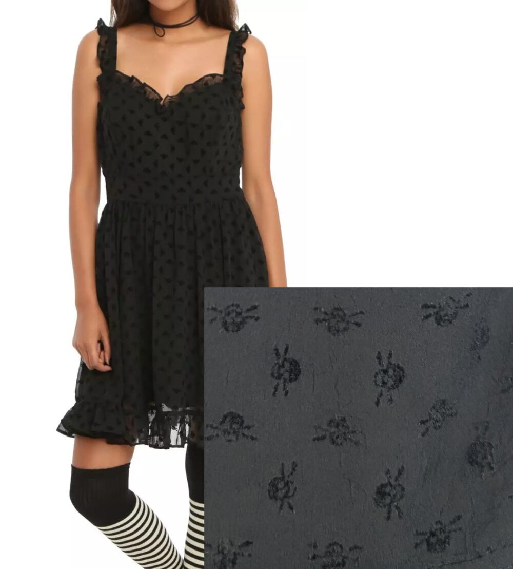 Royal Bones by Tripp Black Flocked Skull Mini Dress Y2K Goth Dark Fairy Grunge